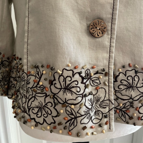 💯% Linen Silver Thread Embroidered Wood Beaded Blazer - 10 - Picture 5 of 13